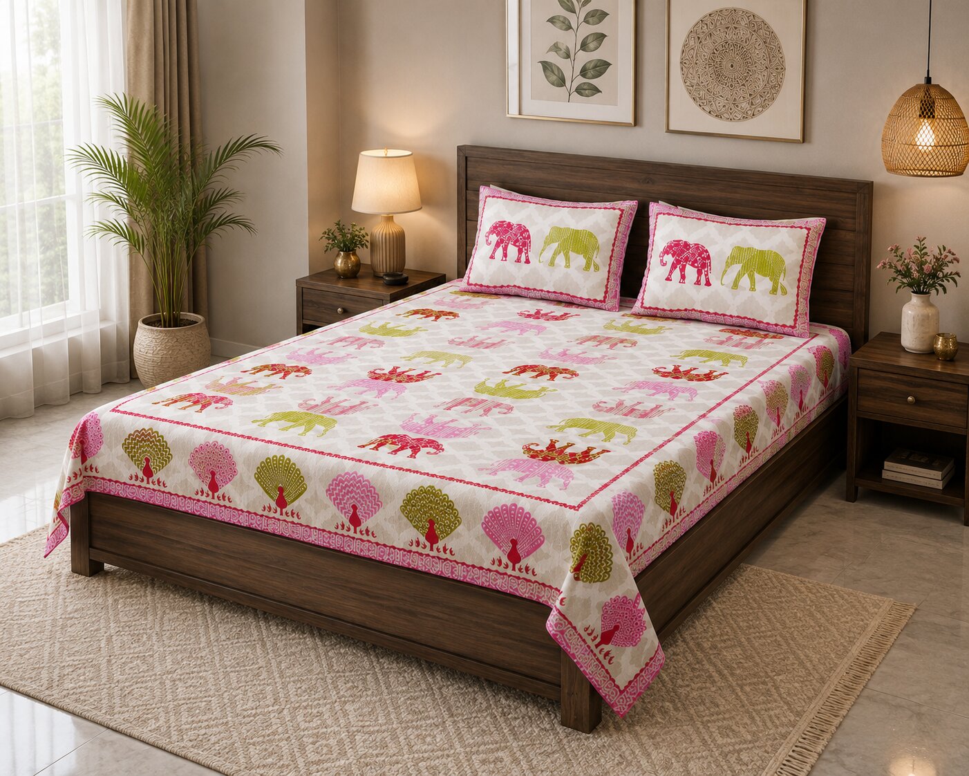 MVB Jungle Safari Pink Double Bed Sheet | 100% Pure Cotton | 210 TC | 153 GSM | With 2 Pillow Covers