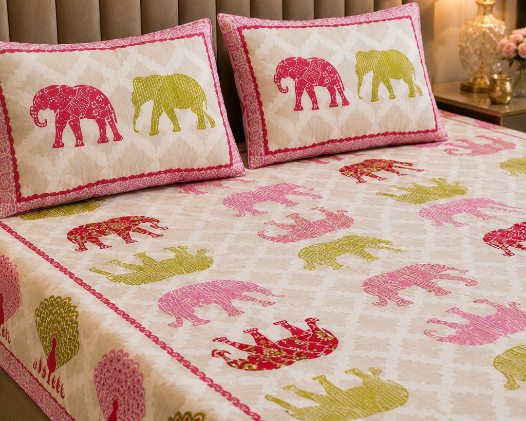 MVB Jungle Safari Pink Double Bed Sheet | 100% Pure Cotton | 210 TC | 153 GSM | With 2 Pillow Covers