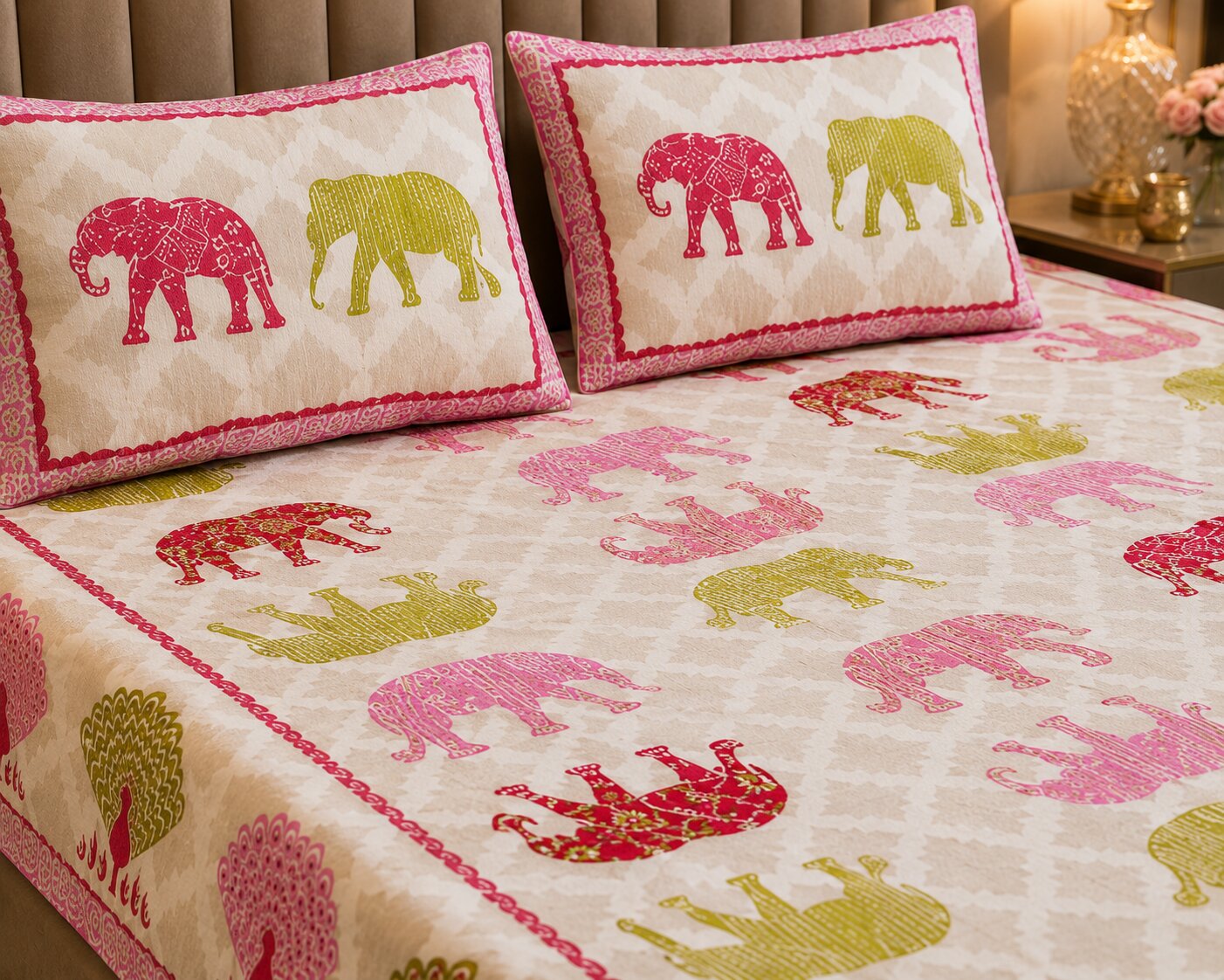 MVB Jungle Safari Pink Double Bed Sheet | 100% Pure Cotton | 210 TC | 153 GSM | With 2 Pillow Covers