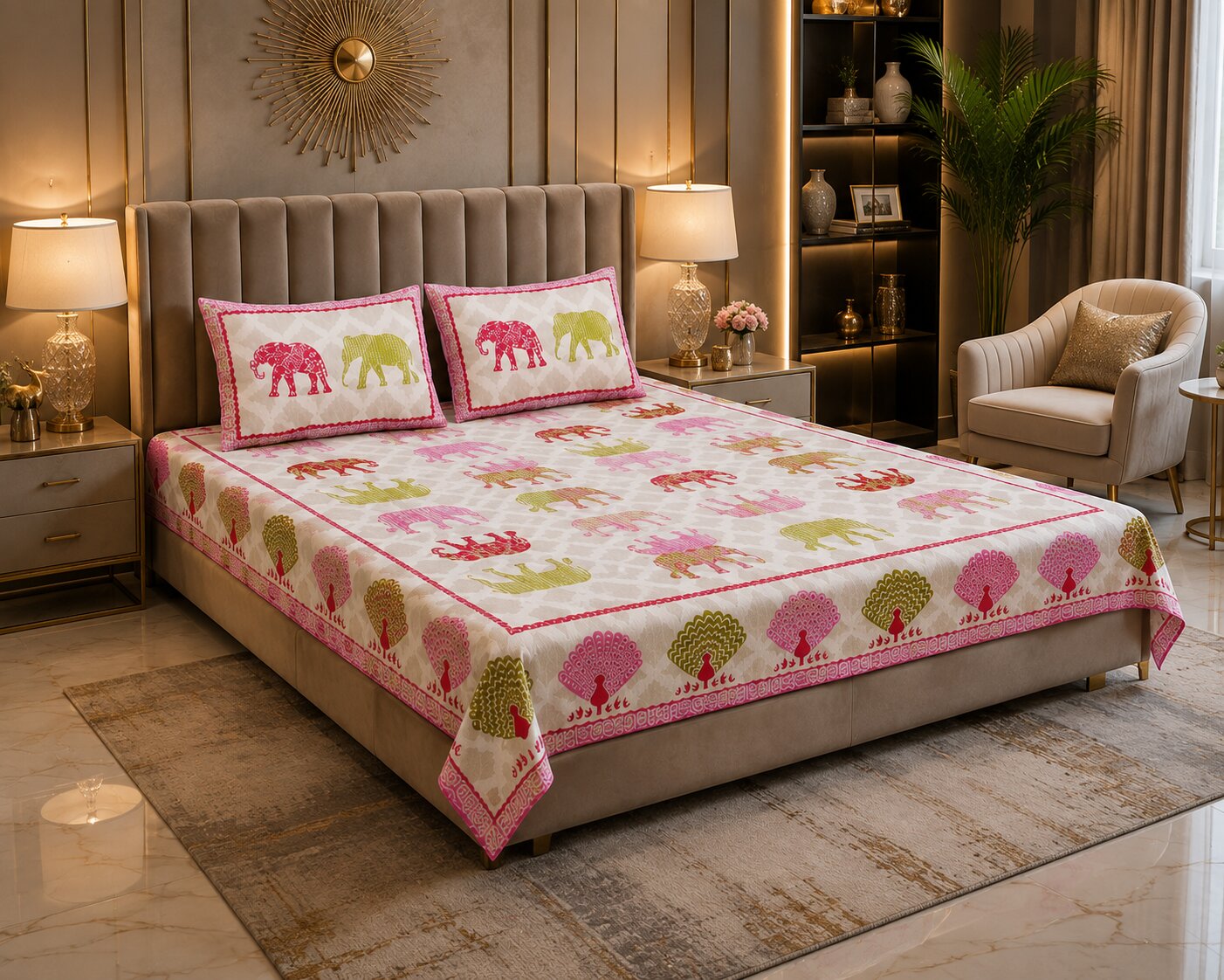 MVB Jungle Safari Pink Double Bed Sheet | 100% Pure Cotton | 210 TC | 153 GSM | With 2 Pillow Covers