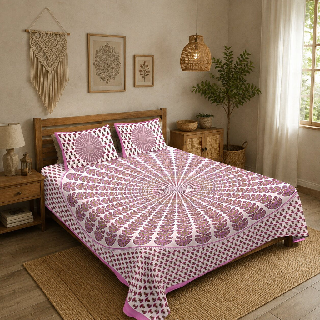 MVB Pink Kalangi Printed Cotton Double Bed Sheet | 100% Pure Cotton | 120 TC | 153 GSM | With 2 Pillow Covers