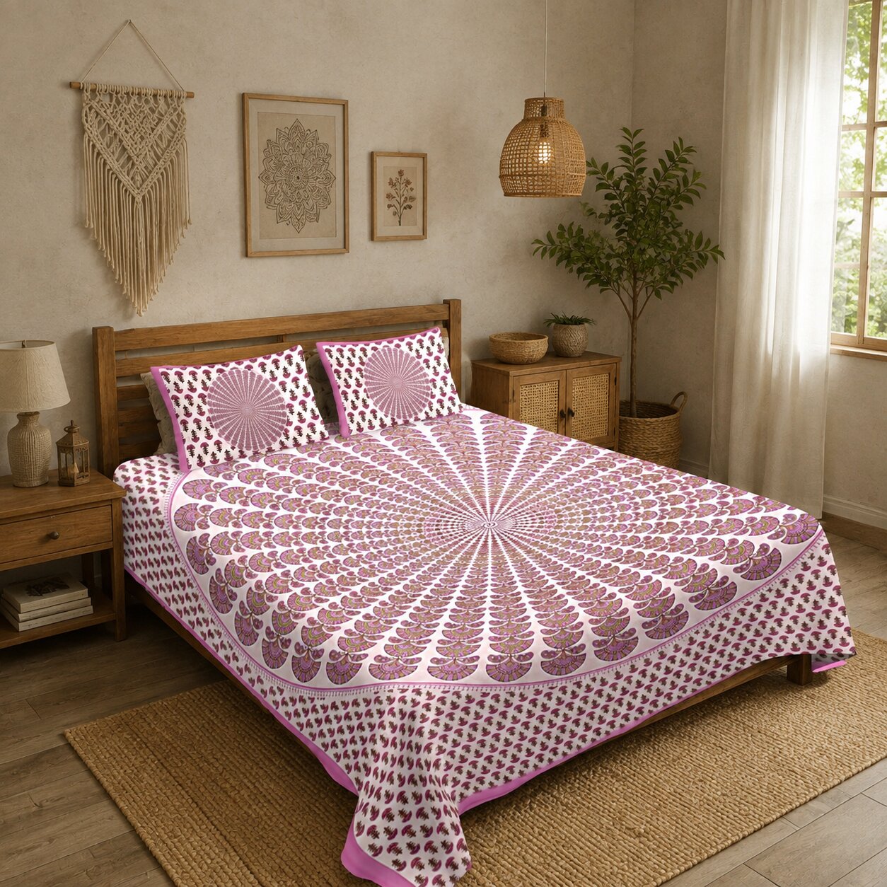 MVB Pink Kalangi Printed Cotton Double Bed Sheet | 100% Pure Cotton | 120 TC | 153 GSM | With 2 Pillow Covers