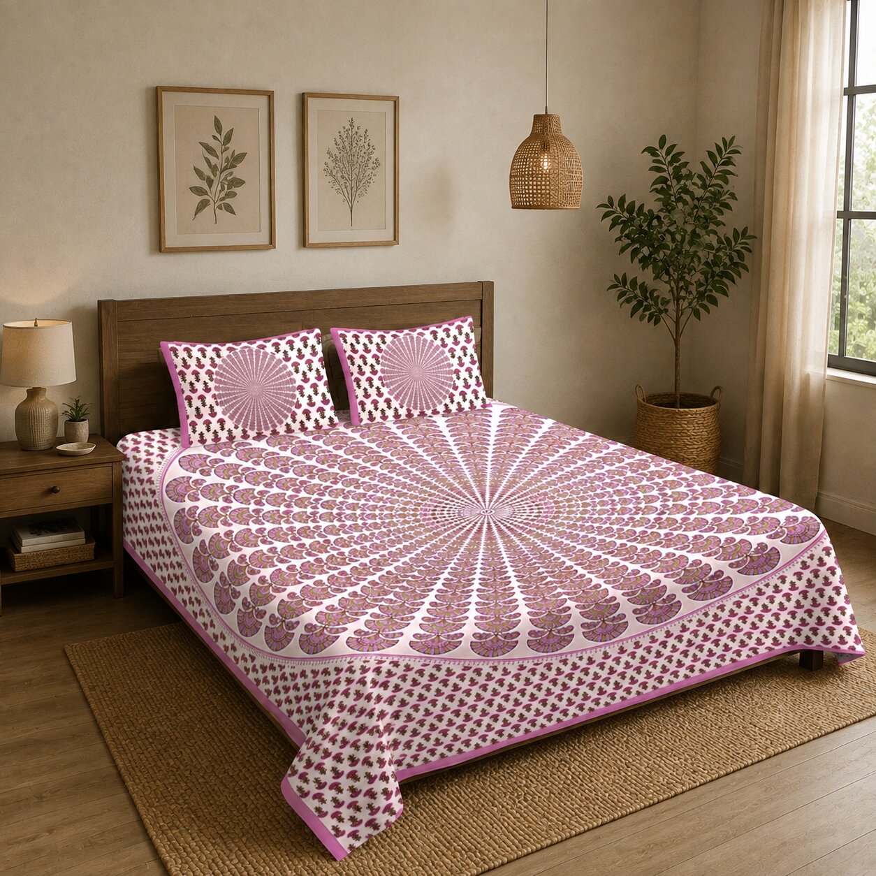 MVB Pink Kalangi Printed Cotton Double Bed Sheet | 100% Pure Cotton | 120 TC | 153 GSM | With 2 Pillow Covers