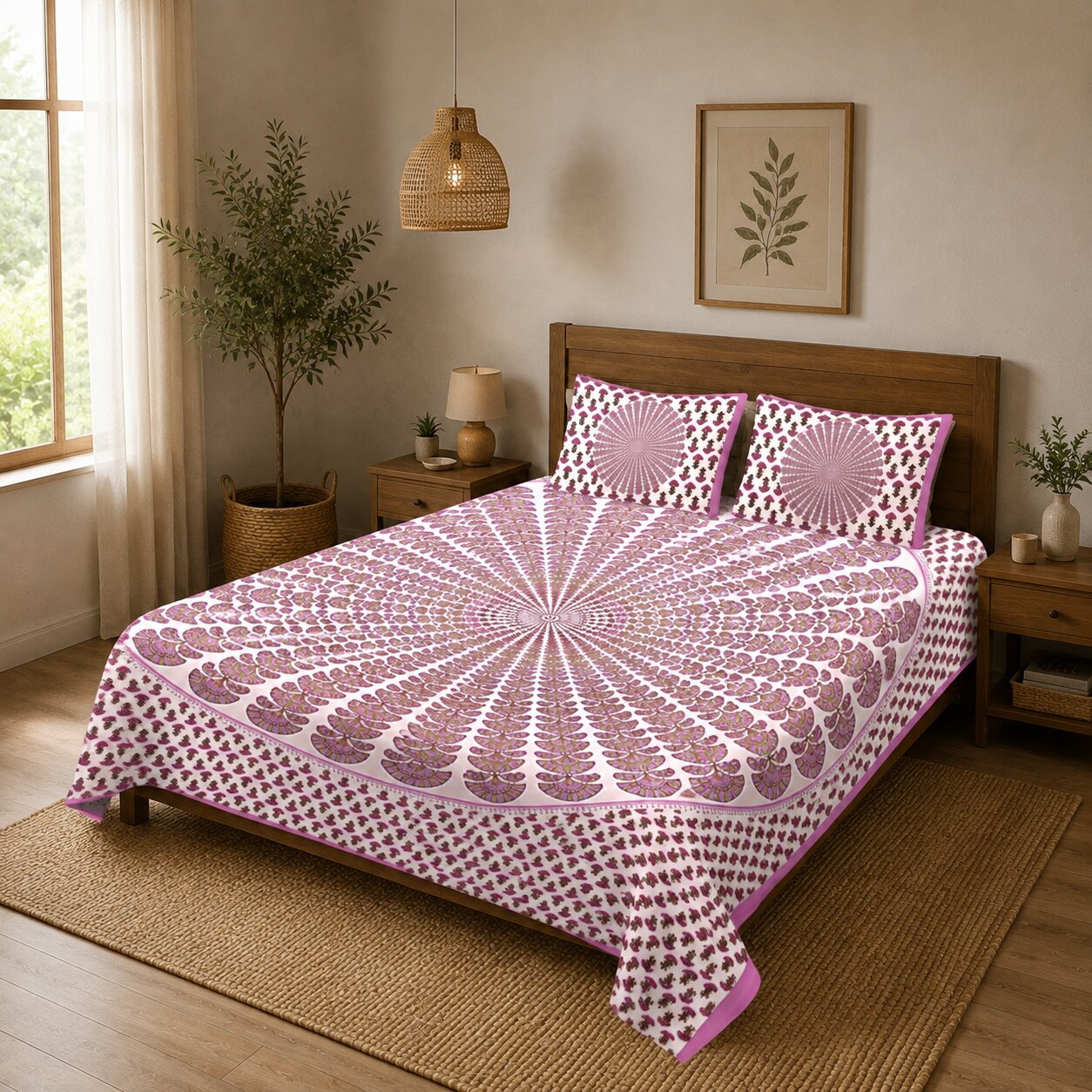 MVB Pink Kalangi Printed Cotton Double Bed Sheet | 100% Pure Cotton | 120 TC | 153 GSM | With 2 Pillow Covers