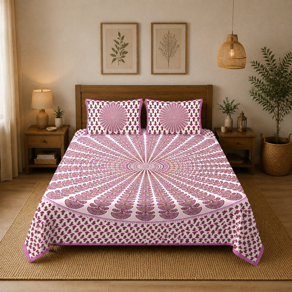 MVB Pink Kalangi Printed Cotton Double Bed Sheet | 100% Pure Cotton | 120 TC | 153 GSM | With 2 Pillow Covers