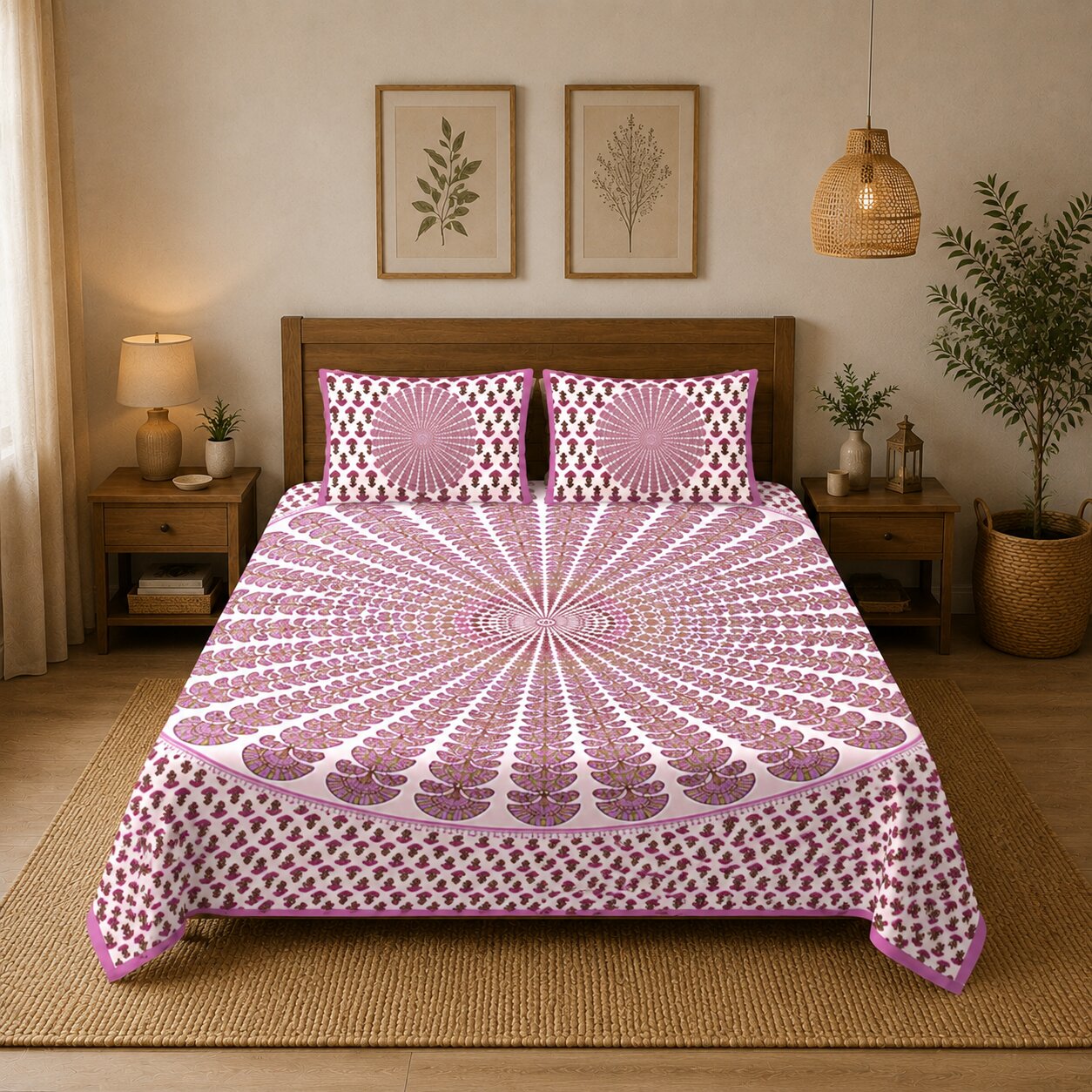 MVB Pink Kalangi Printed Cotton Double Bed Sheet | 100% Pure Cotton | 120 TC | 153 GSM | With 2 Pillow Covers