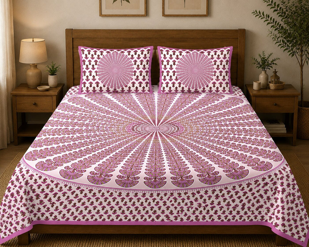 MVB Pink Kalangi Printed Cotton Double Bed Sheet | 100% Pure Cotton | 120 TC | 153 GSM | With 2 Pillow Covers