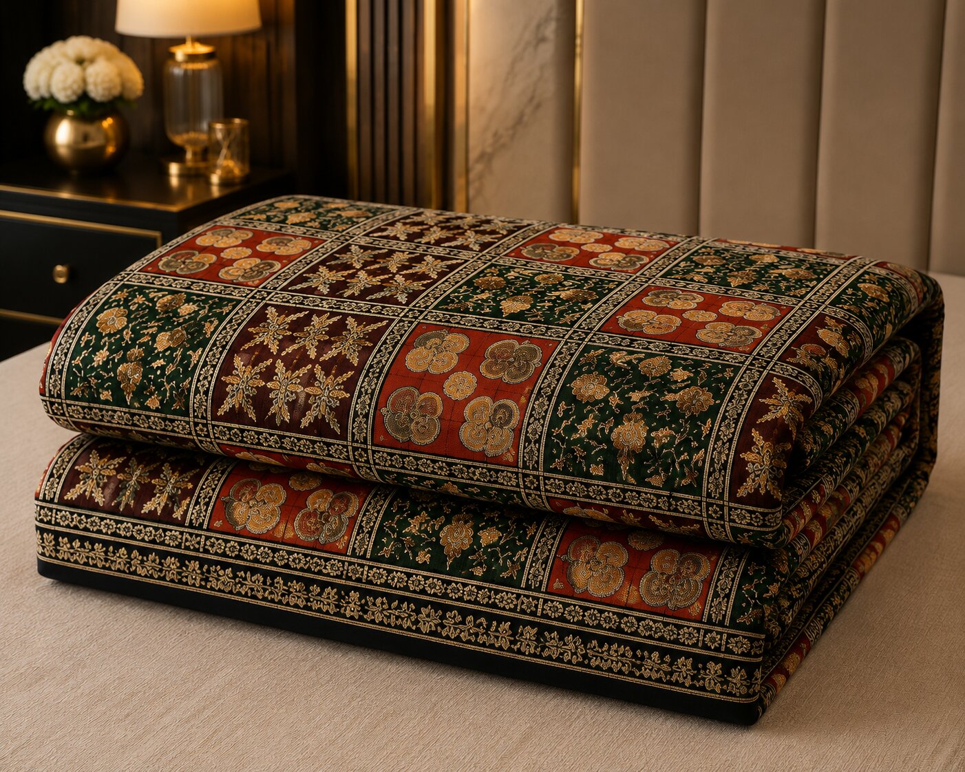 MVB Elephant Pattern Golden Print Double Bedsheet | Black Border Maroon Green Red Check | Super Fine Cotton