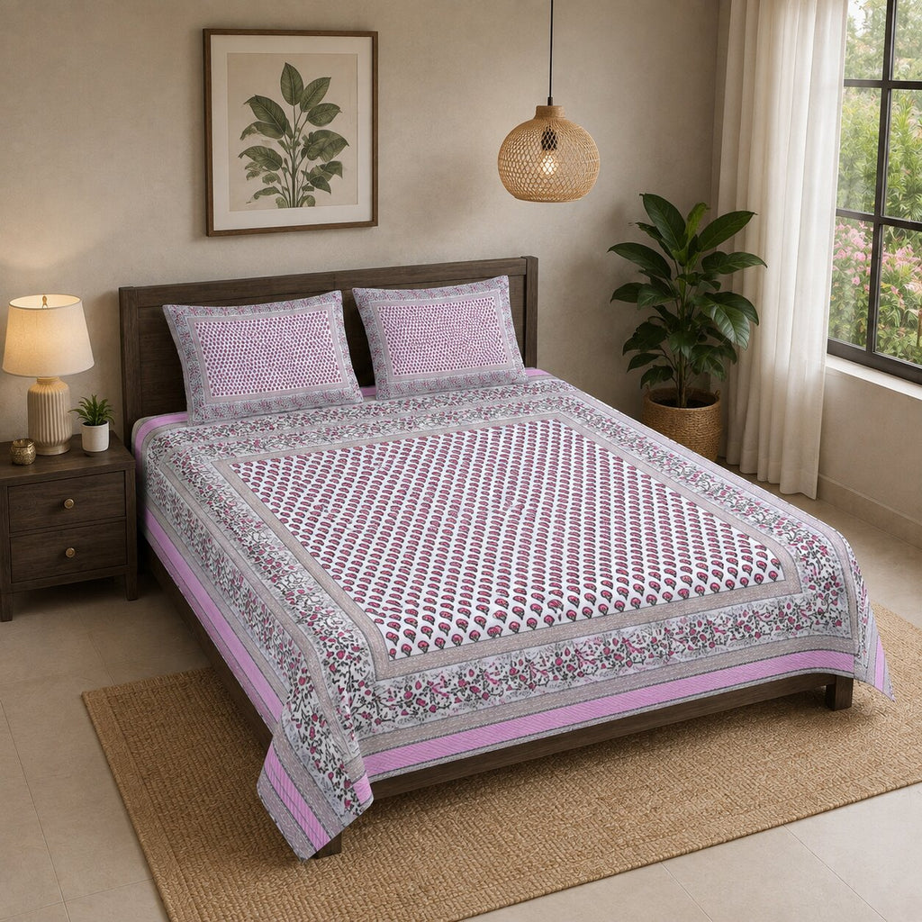 MVB Multi Pink Floral Double Bedsheet Set | 100% Pure Cotton | 153 GSM | 3 Pcs Set