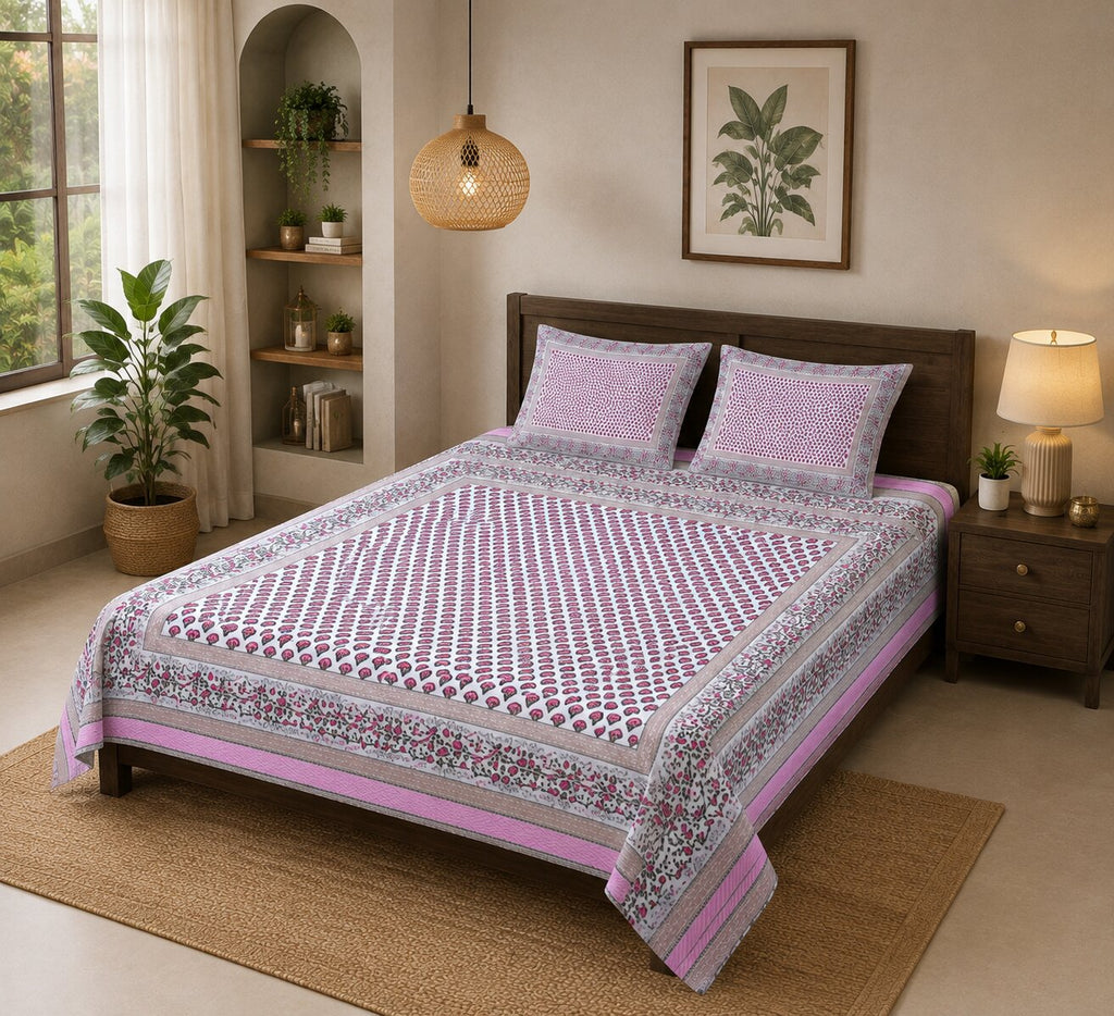 MVB Multi Pink Floral Double Bedsheet Set | 100% Pure Cotton | 153 GSM | 3 Pcs Set