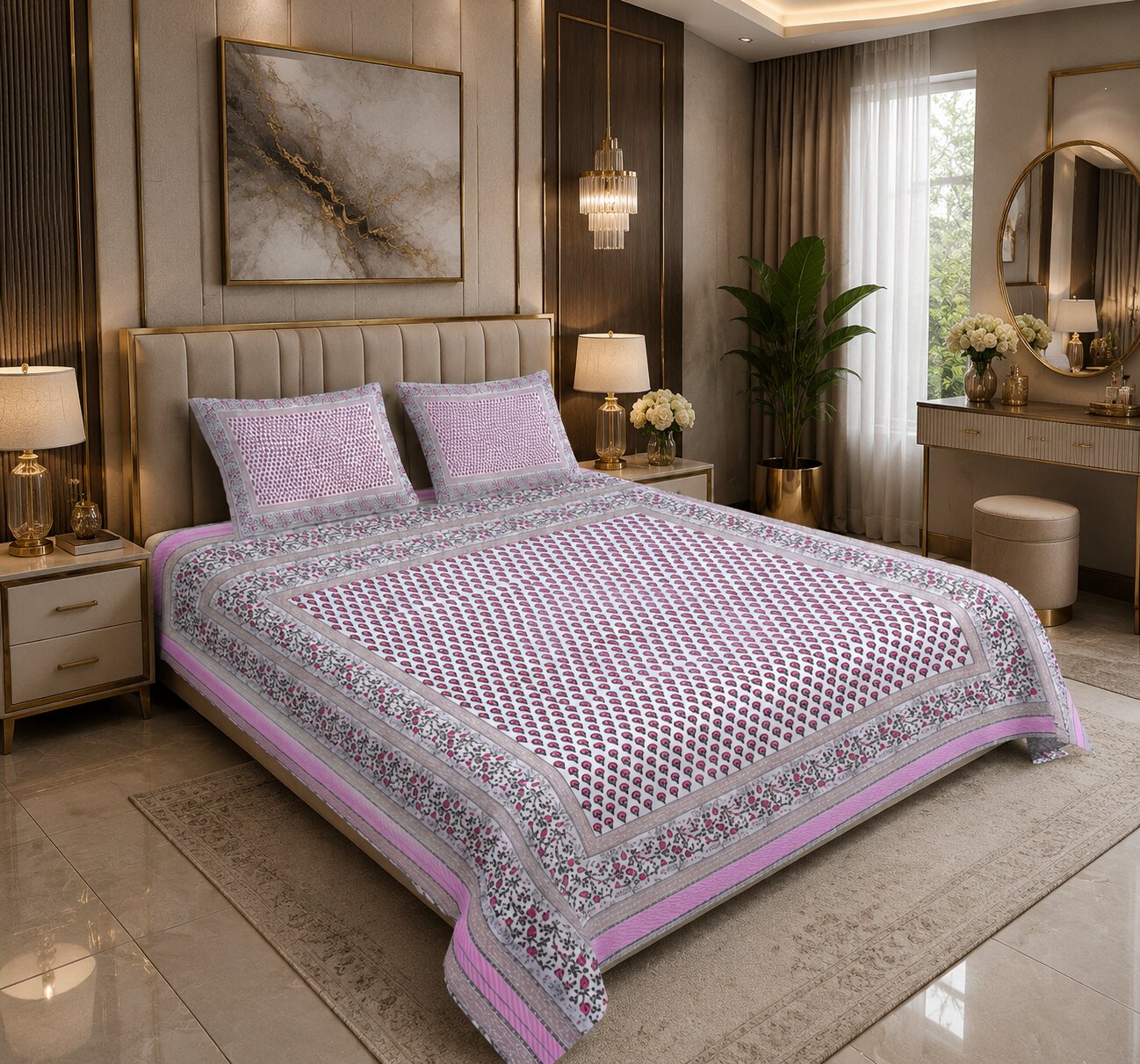 MVB Multi Pink Floral Double Bedsheet Set | 100% Pure Cotton | 153 GSM | 3 Pcs Set