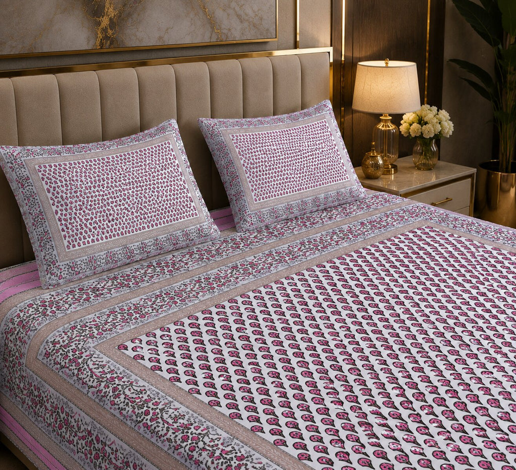 MVB Multi Pink Floral Double Bedsheet Set | 100% Pure Cotton | 153 GSM | 3 Pcs Set