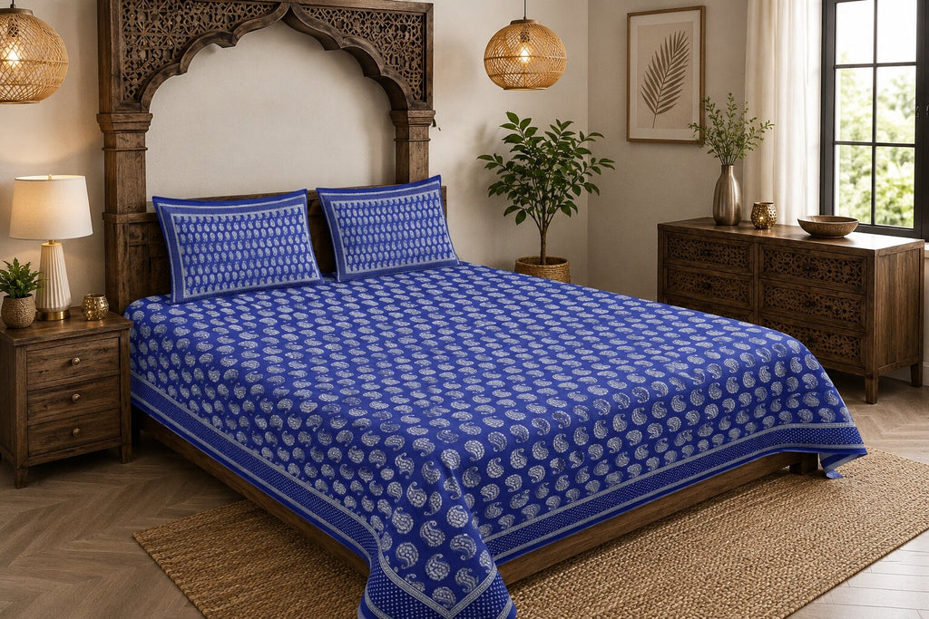 MVB Blue Paisley Pattern Fine Cotton Double Bed Sheet
