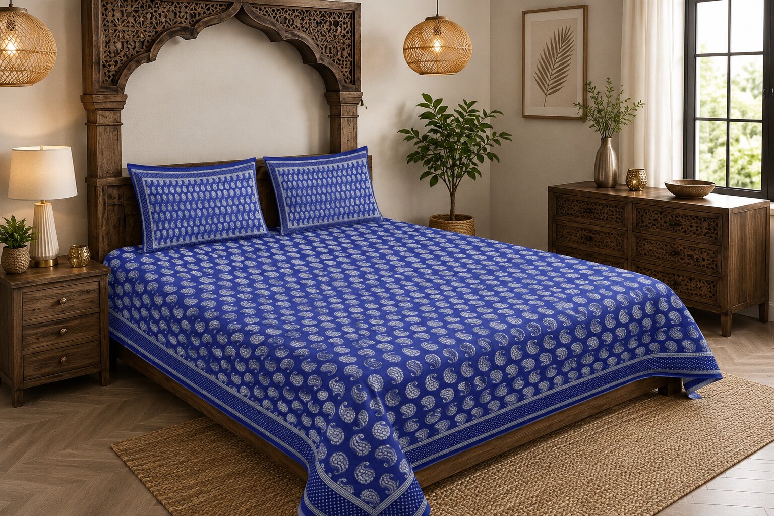 MVB Blue Paisley Pattern Fine Cotton Double Bed Sheet