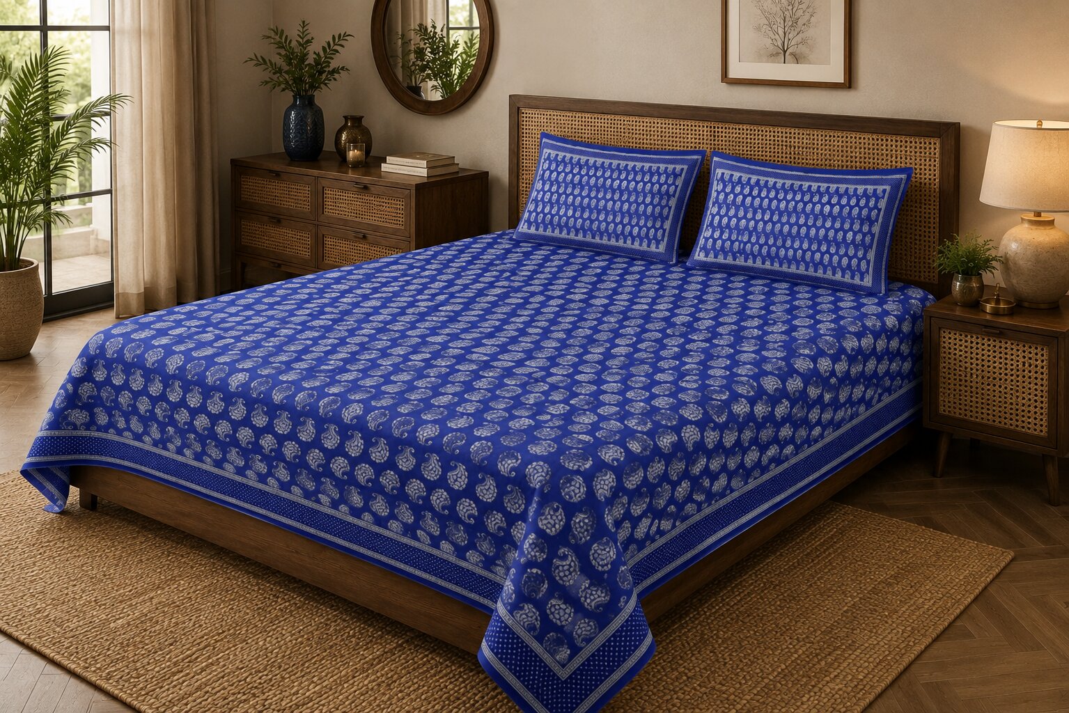 MVB Blue Paisley Pattern Fine Cotton Double Bed Sheet