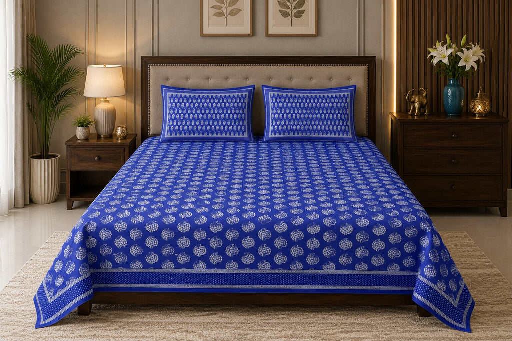 MVB Blue Paisley Pattern Fine Cotton Double Bed Sheet