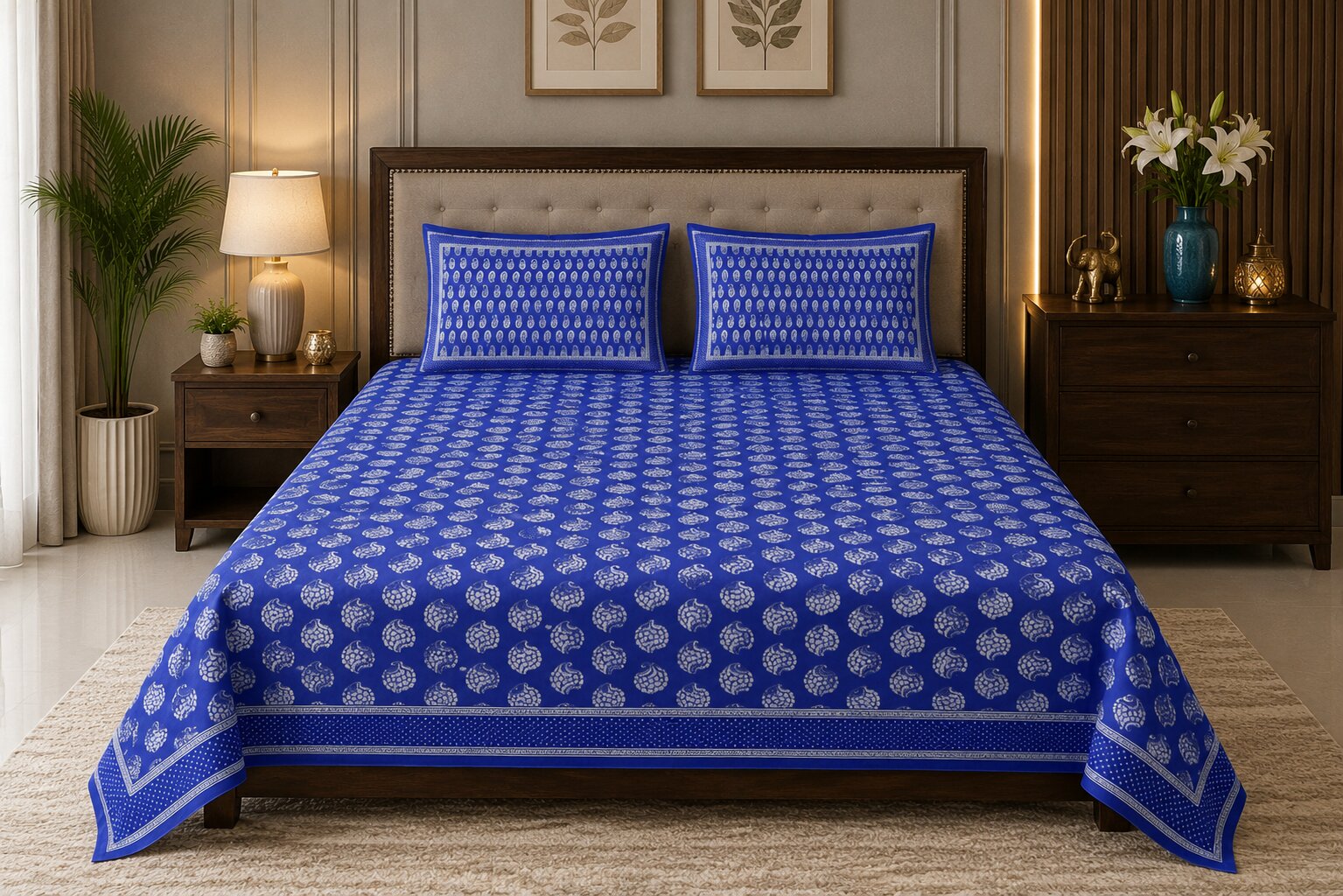 MVB Blue Paisley Pattern Fine Cotton Double Bed Sheet