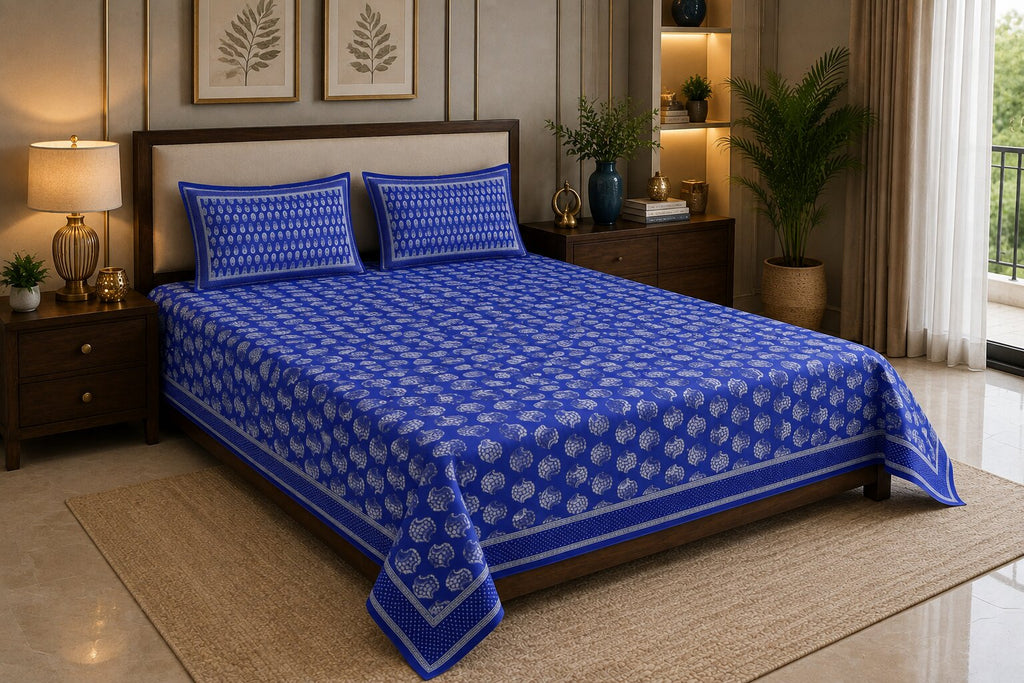 MVB Blue Paisley Pattern Fine Cotton Double Bed Sheet