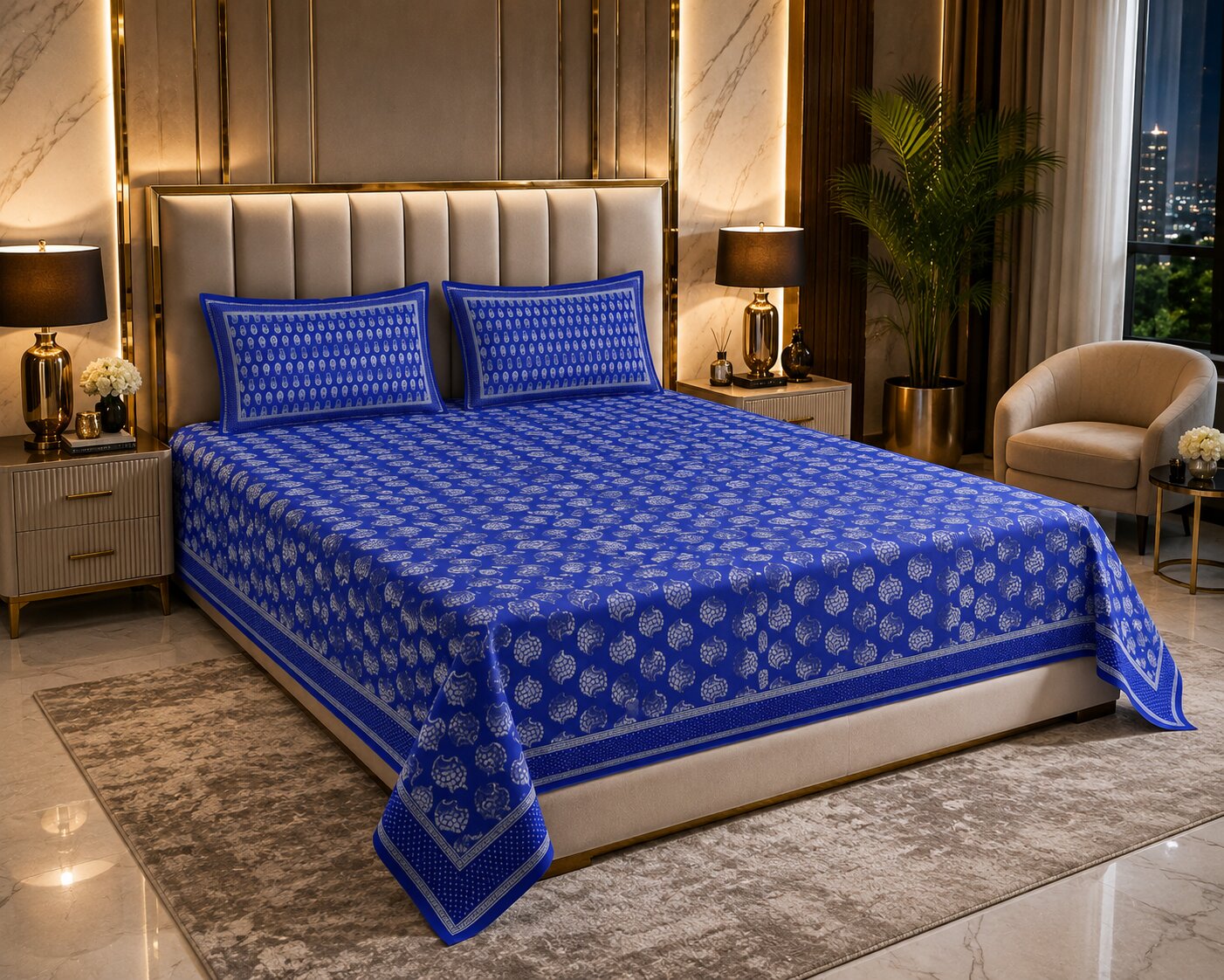 MVB Blue Paisley Pattern Fine Cotton Double Bed Sheet