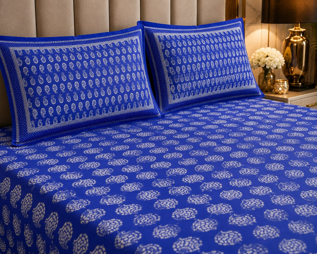 MVB Blue Paisley Pattern Fine Cotton Double Bed Sheet