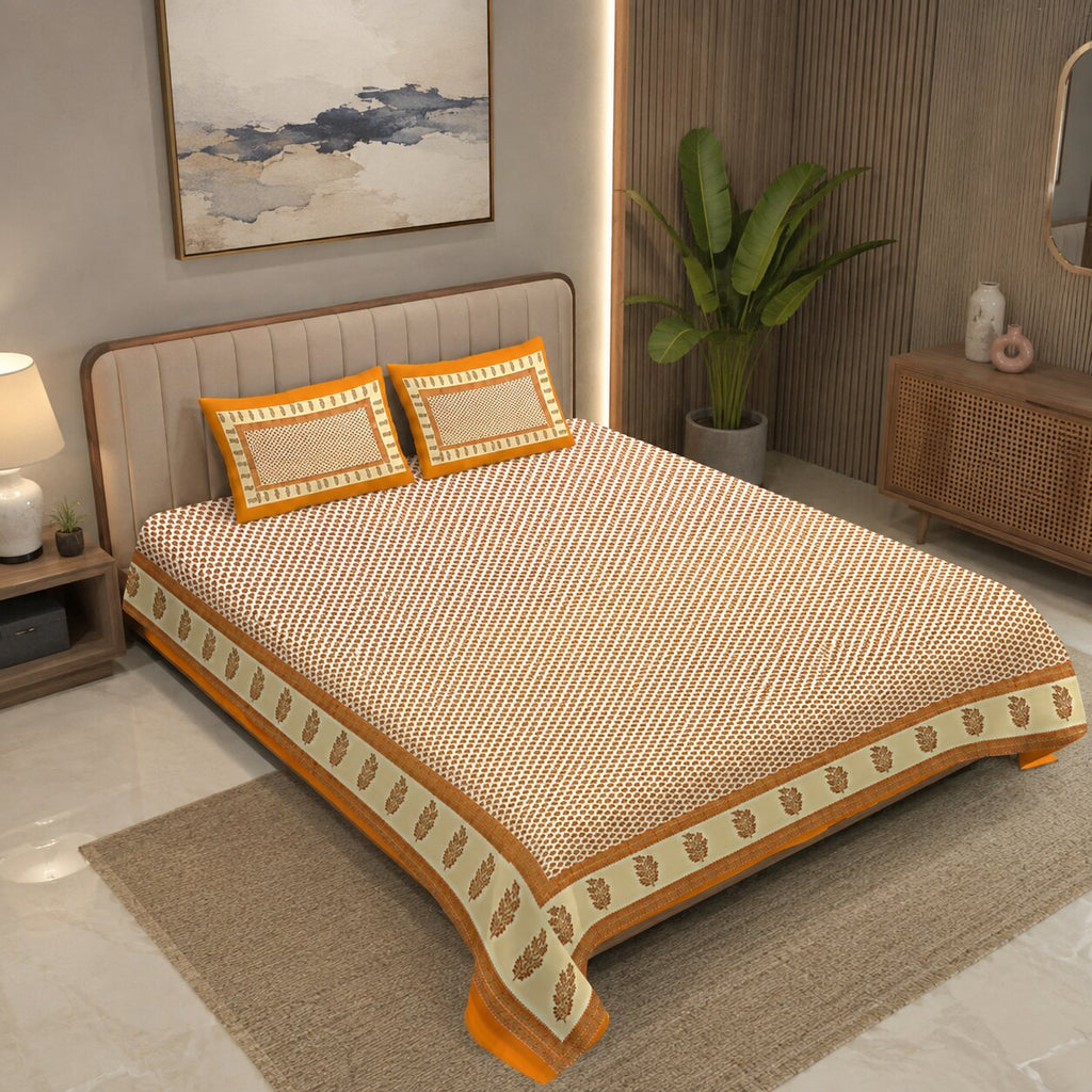 MVB Double Bed Sheet – Orange Border Cream Base Booti Pattern with Golden Print | Super Fine Cotton