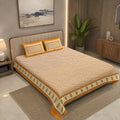 MVB Double Bed Sheet – Orange Border Cream Base Booti Pattern with Golden Print | Super Fine Cotton