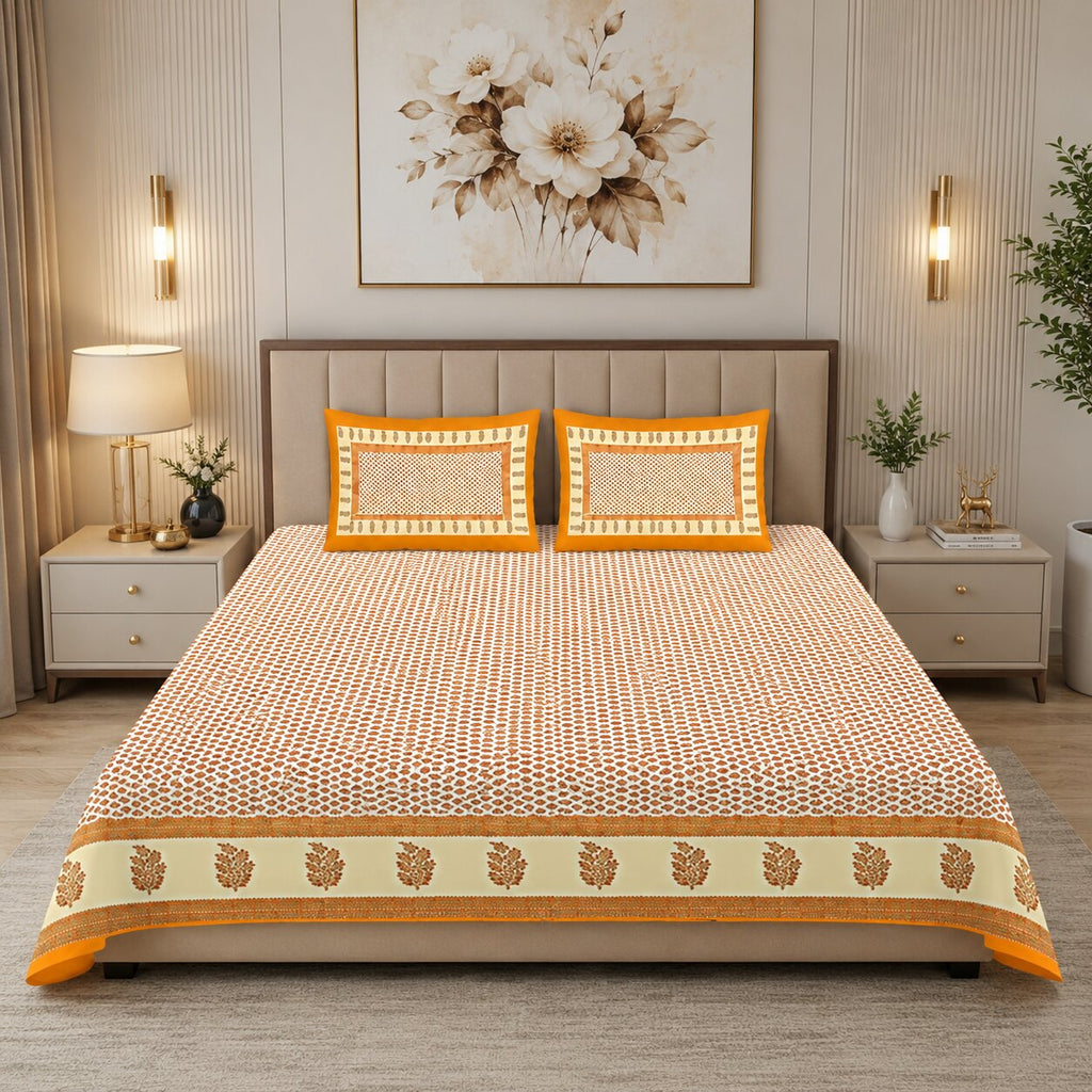 MVB Double Bed Sheet – Orange Border Cream Base Booti Pattern with Golden Print | Super Fine Cotton