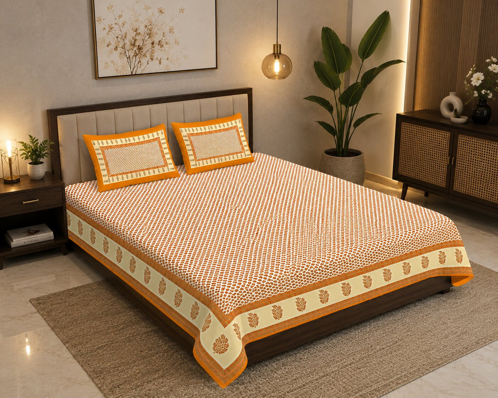 MVB Double Bed Sheet – Orange Border Cream Base Booti Pattern with Golden Print | Super Fine Cotton