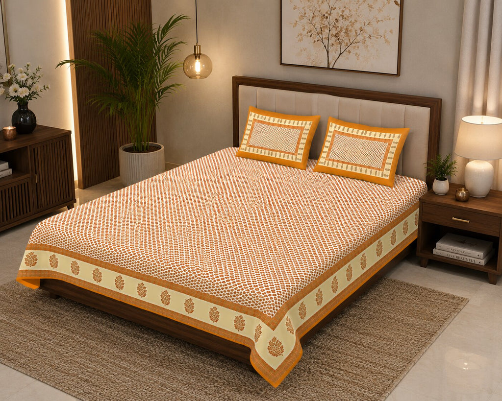 MVB Double Bed Sheet – Orange Border Cream Base Booti Pattern with Golden Print | Super Fine Cotton