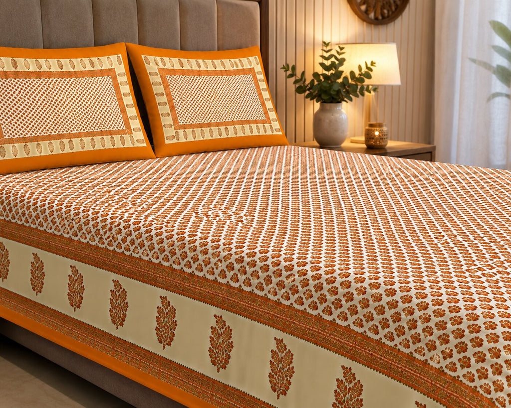 MVB Double Bed Sheet – Orange Border Cream Base Booti Pattern with Golden Print | Super Fine Cotton