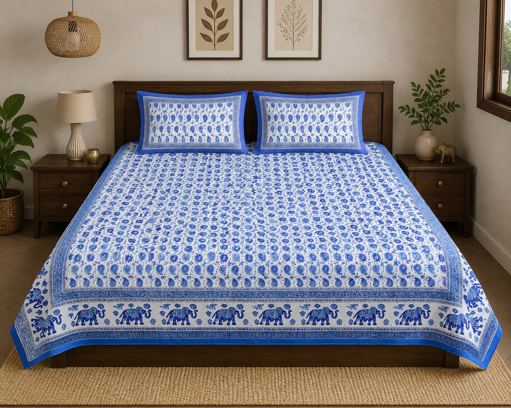 Double Bedsheet Paisley Sky Blue with Gold Print | 100% Pure Cotton | 180 TC | Set of 3 | MVB YUGVIGYANA