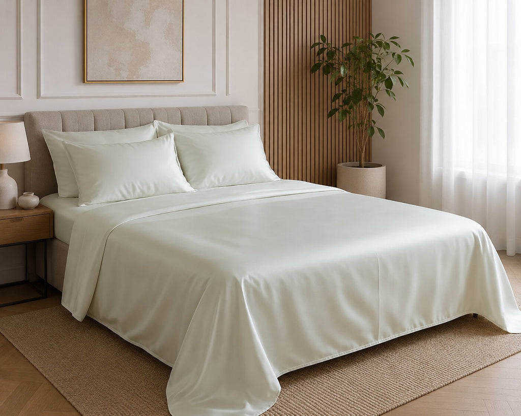 MVB UltraSatin Silk Flat Double Bedsheet | Beige Mint | 1 Flat Sheet + 2 Pillow Covers