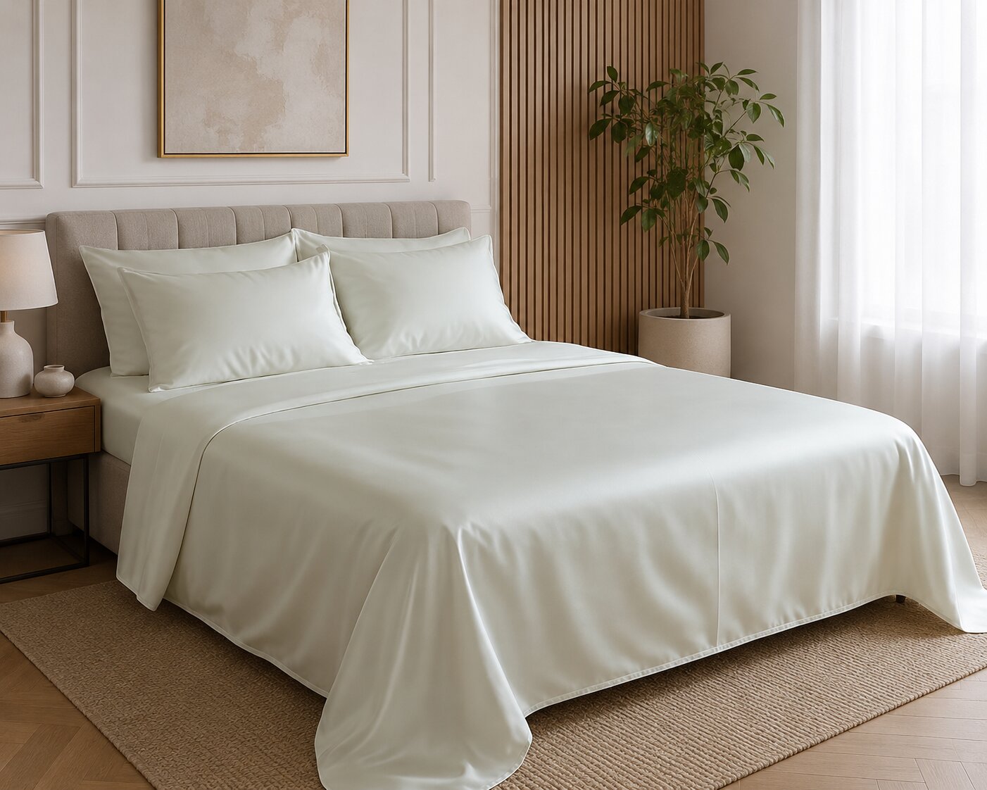 MVB UltraSatin Silk Flat Double Bedsheet | Beige Mint | 1 Flat Sheet + 2 Pillow Covers