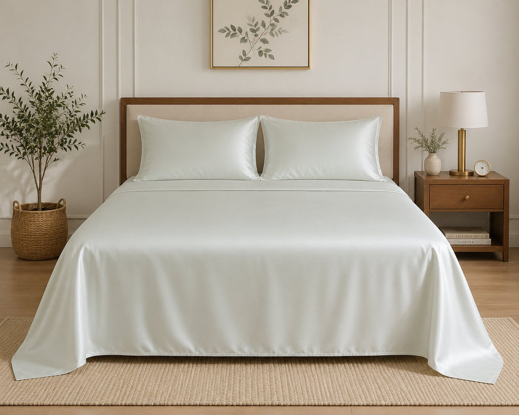 MVB UltraSatin Silk Flat Double Bedsheet | Beige Mint | 1 Flat Sheet + 2 Pillow Covers