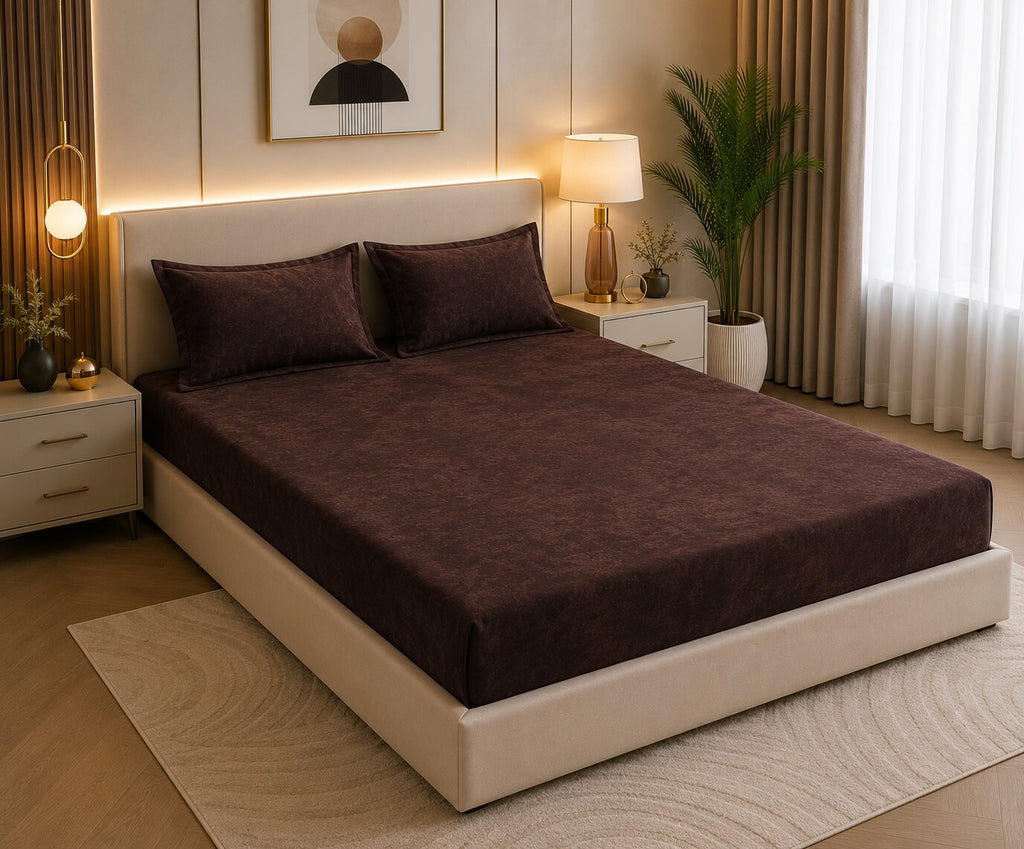 MVB Classic Coffee Brown Super Soft Velvet Double Bedsheet (100x100 Inch) | 150 GSM | With 2 Pillow Covers