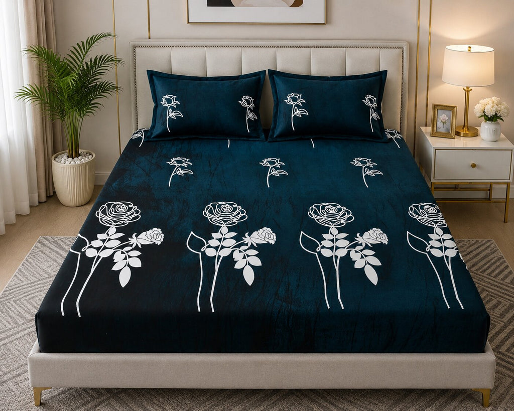 MVB Romantic Rose Charm Super Soft Velvet Double Bedsheet with Matching Pillow Covers