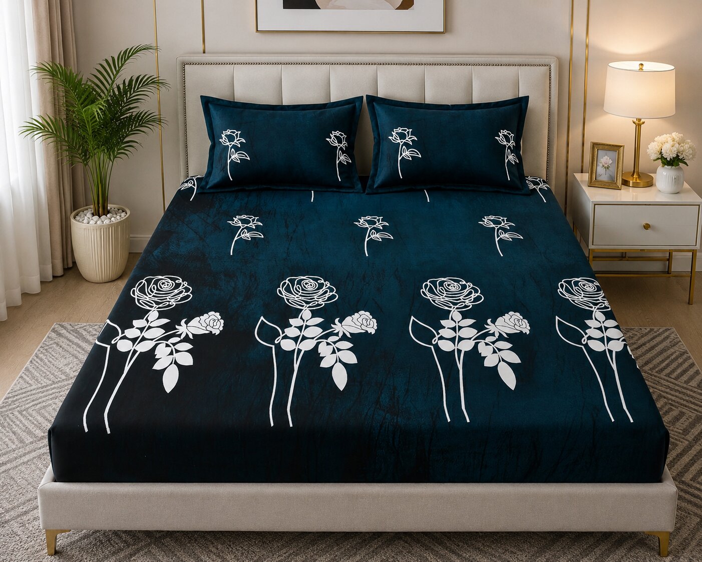 MVB Romantic Rose Charm Super Soft Velvet Double Bedsheet with Matching Pillow Covers