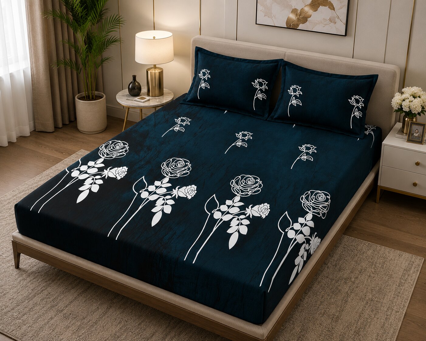 MVB Romantic Rose Charm Super Soft Velvet Double Bedsheet with Matching Pillow Covers