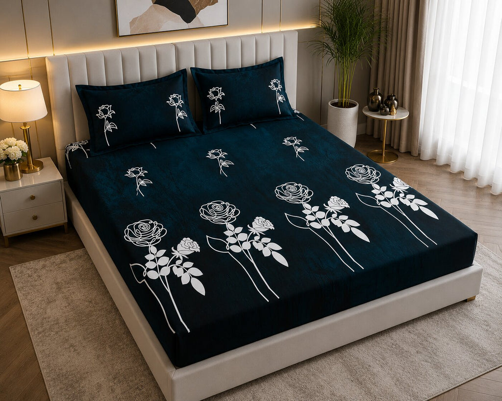 MVB Romantic Rose Charm Super Soft Velvet Double Bedsheet with Matching Pillow Covers