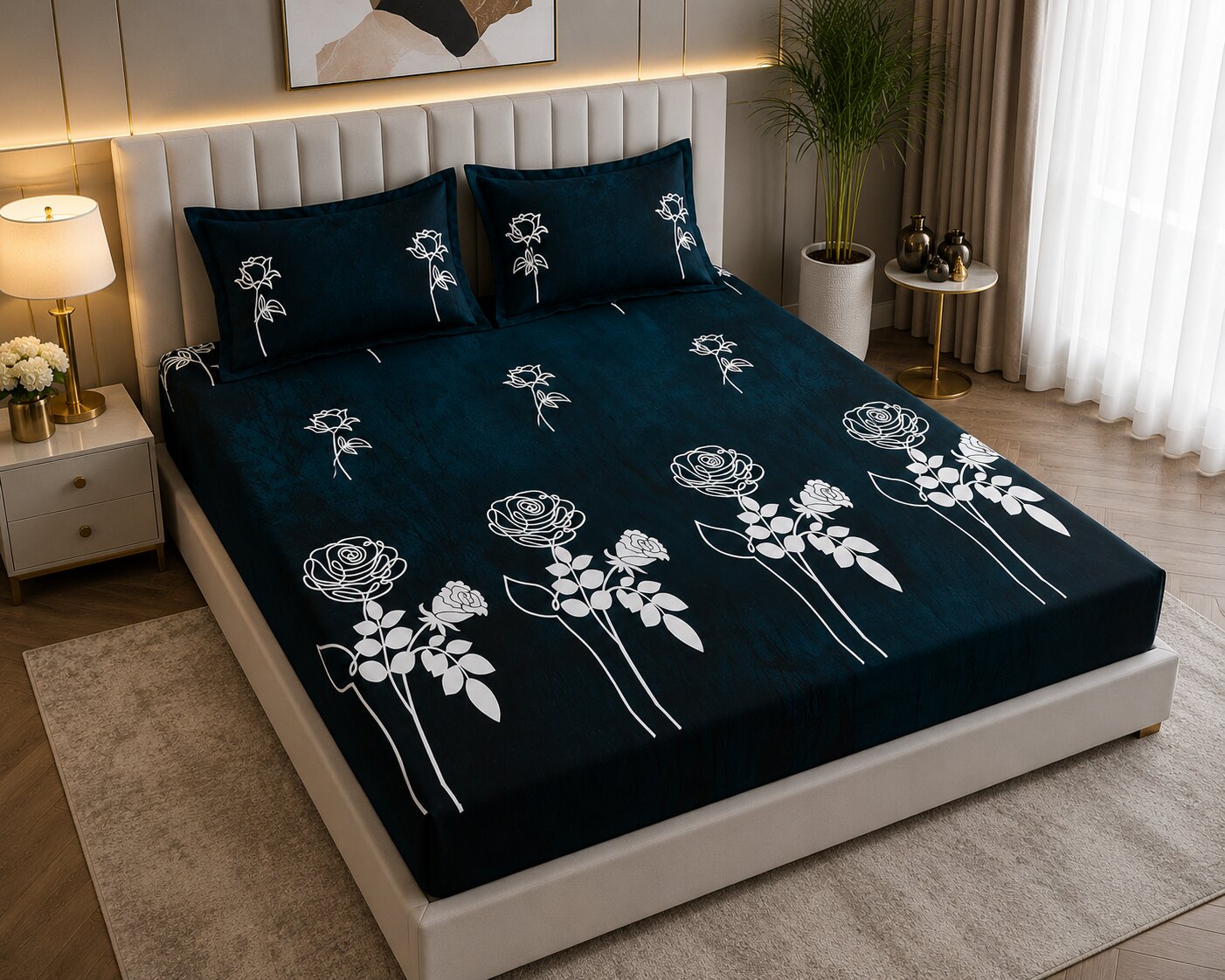 MVB Romantic Rose Charm Super Soft Velvet Double Bedsheet with Matching Pillow Covers