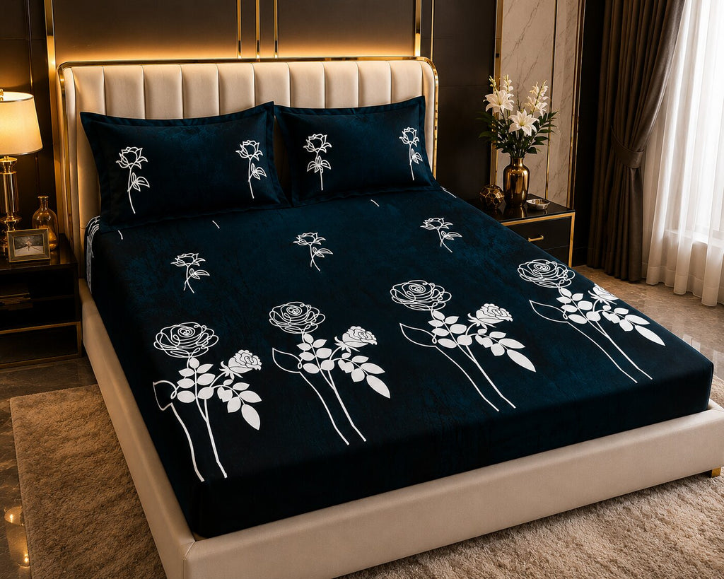 MVB Romantic Rose Charm Super Soft Velvet Double Bedsheet with Matching Pillow Covers