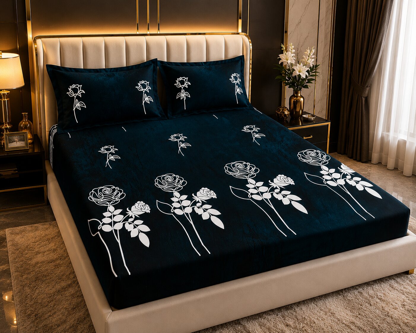 MVB Romantic Rose Charm Super Soft Velvet Double Bedsheet with Matching Pillow Covers