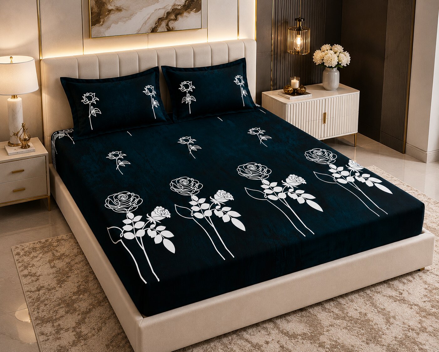 MVB Romantic Rose Charm Super Soft Velvet Double Bedsheet with Matching Pillow Covers