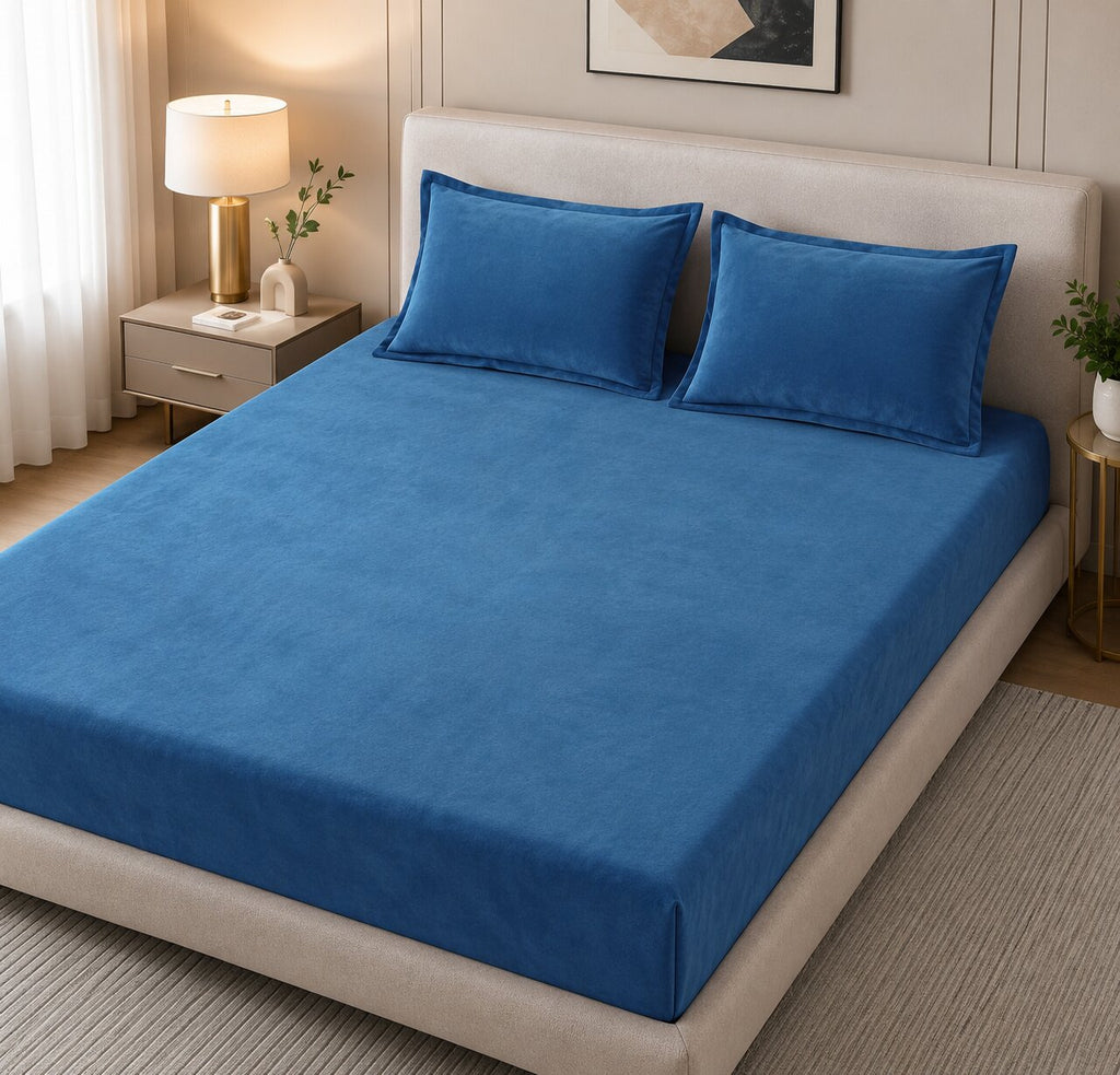 MVB Solid Royal Blue Super Soft Plain Velvet Double Bedsheet with Matching Pillow Covers