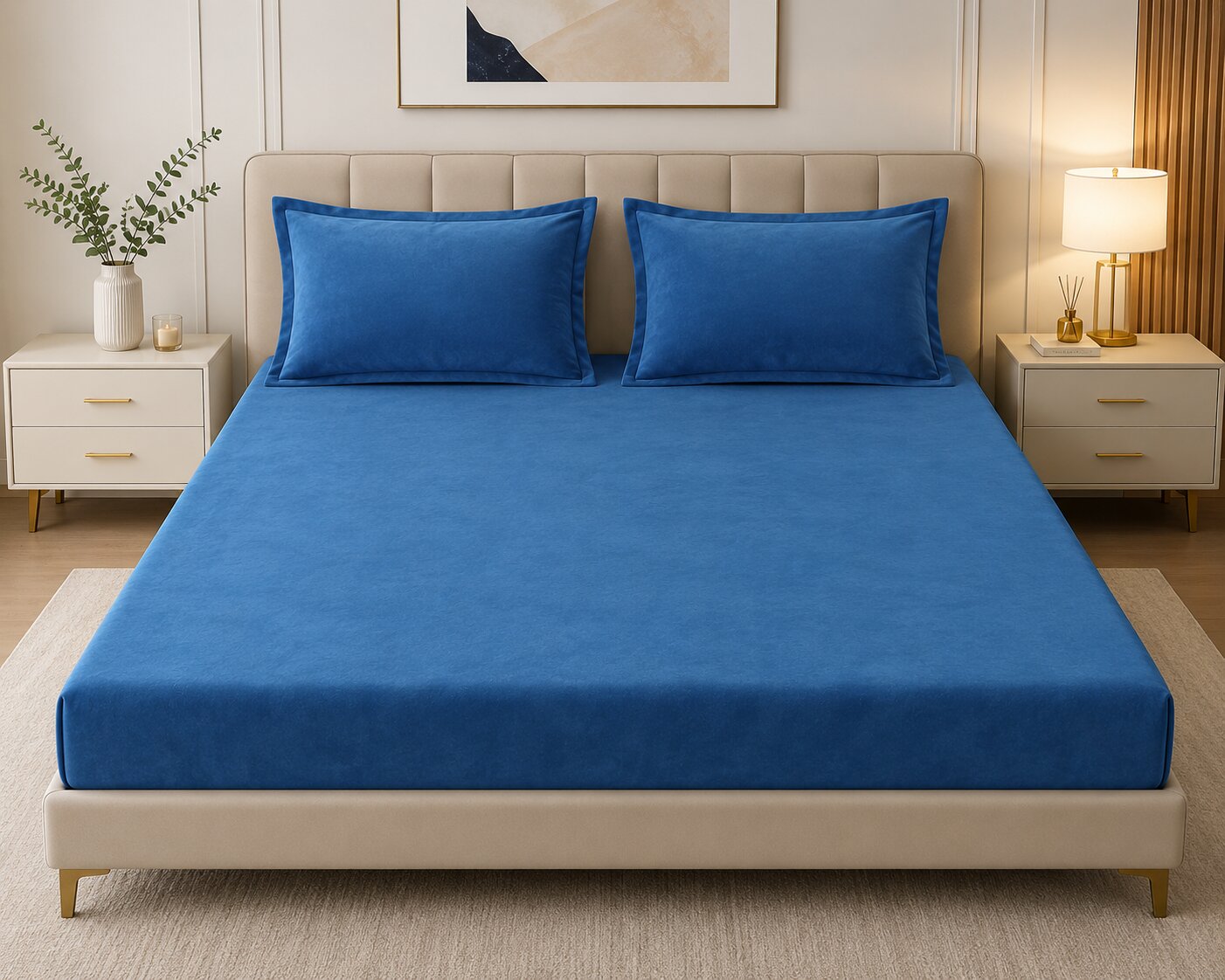 MVB Solid Royal Blue Super Soft Plain Velvet Double Bedsheet with Matching Pillow Covers