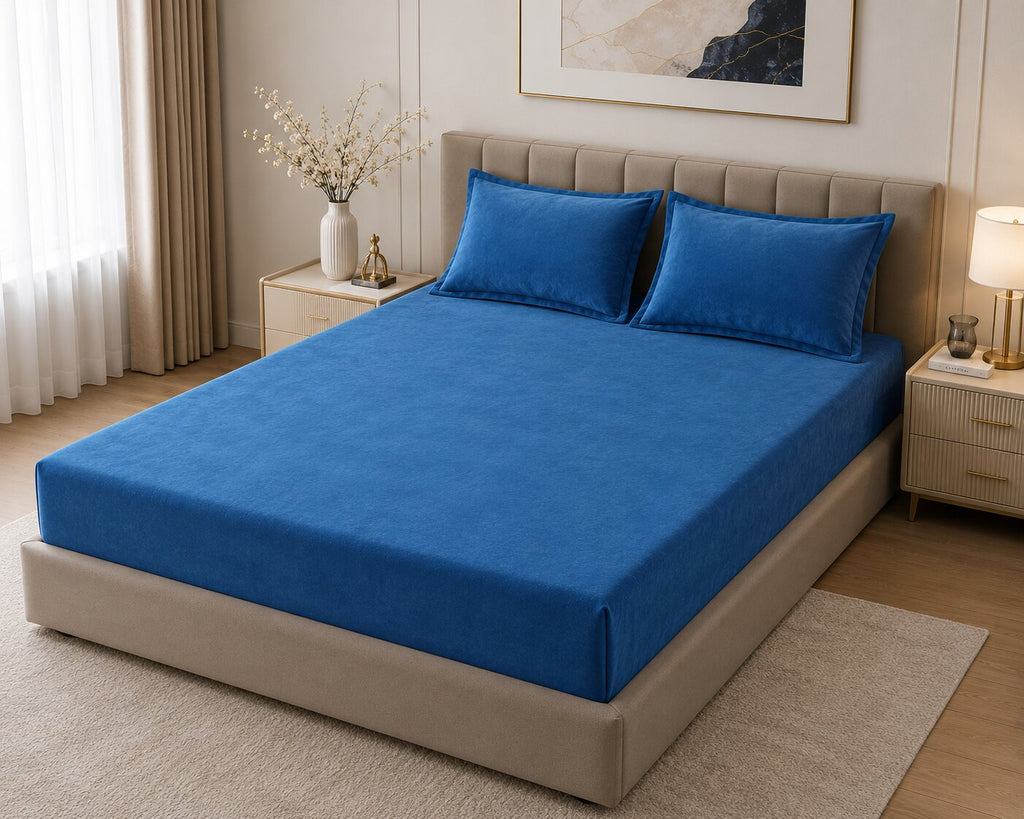 MVB Solid Royal Blue Super Soft Plain Velvet Double Bedsheet with Matching Pillow Covers