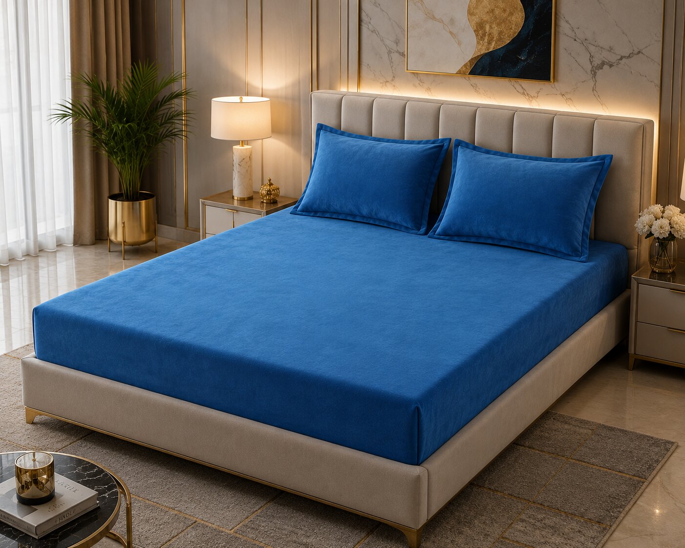 MVB Solid Royal Blue Super Soft Plain Velvet Double Bedsheet with Matching Pillow Covers