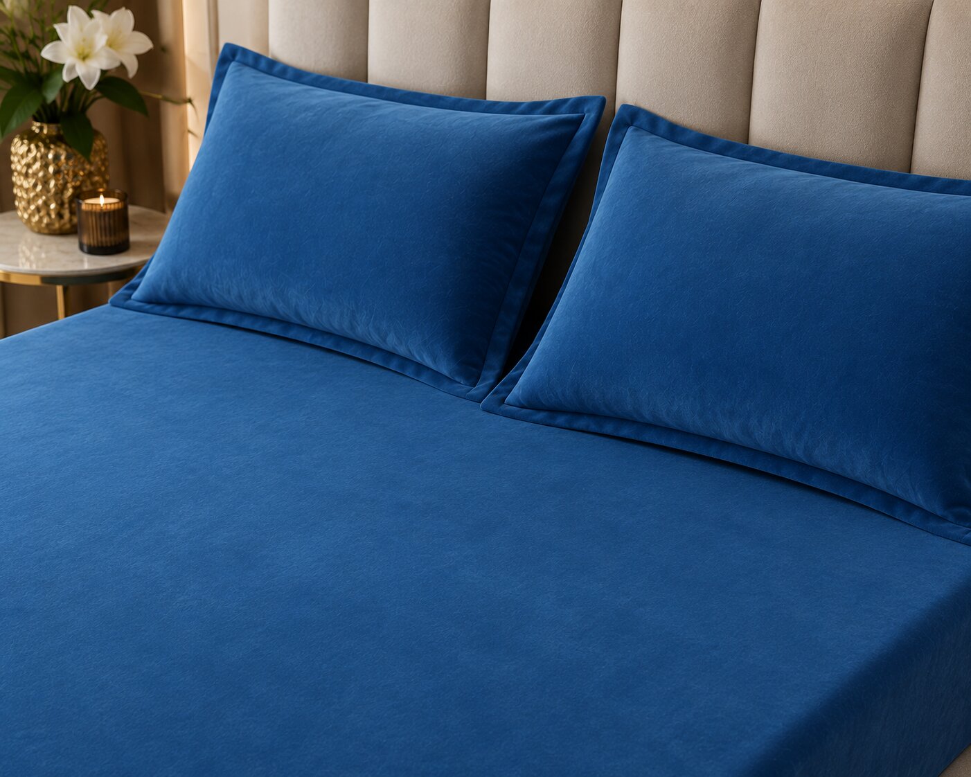 MVB Solid Royal Blue Super Soft Plain Velvet Double Bedsheet with Matching Pillow Covers