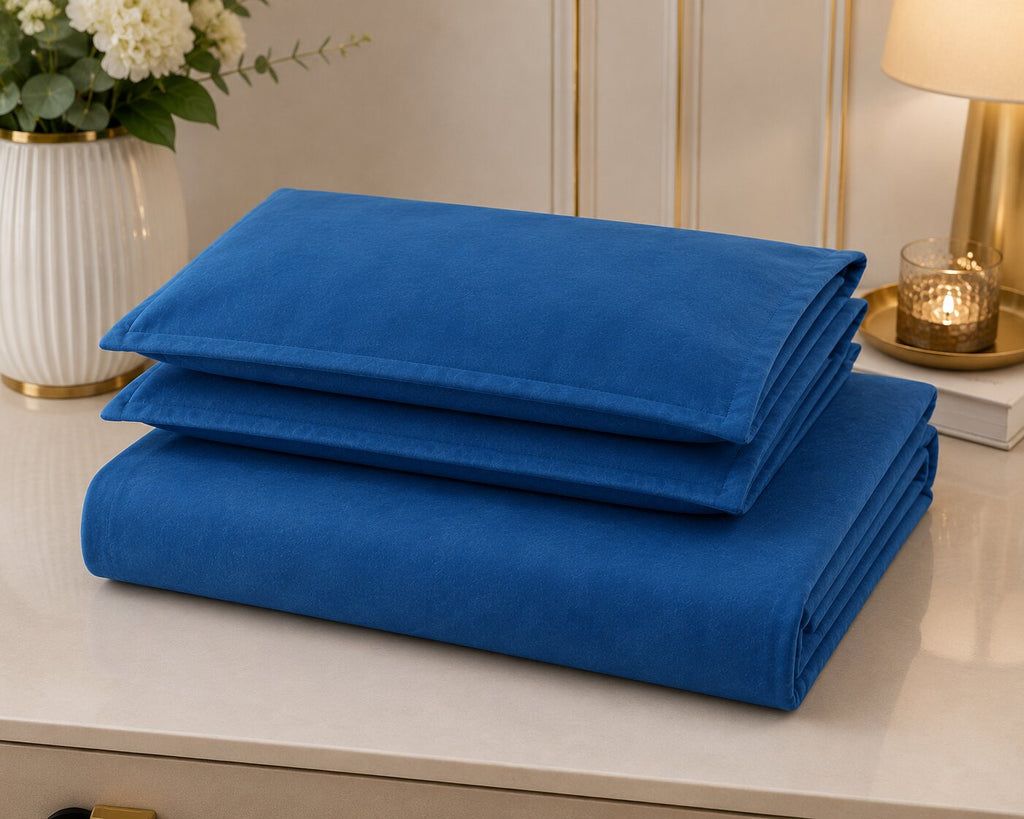 MVB Solid Royal Blue Super Soft Plain Velvet Double Bedsheet with Matching Pillow Covers
