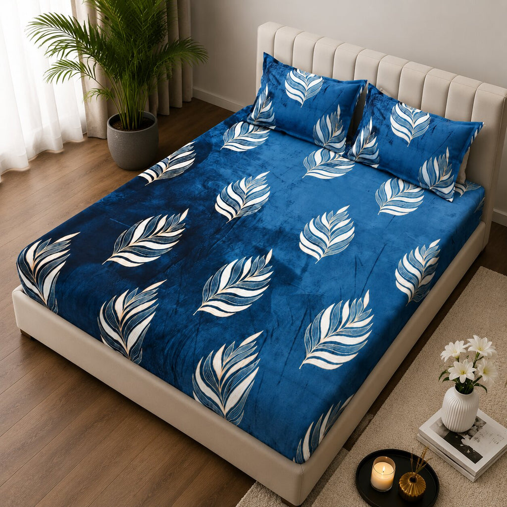 MVB Elegant Feather Pattern Super Soft Velvet Double Bedsheet with Matching Pillow Covers